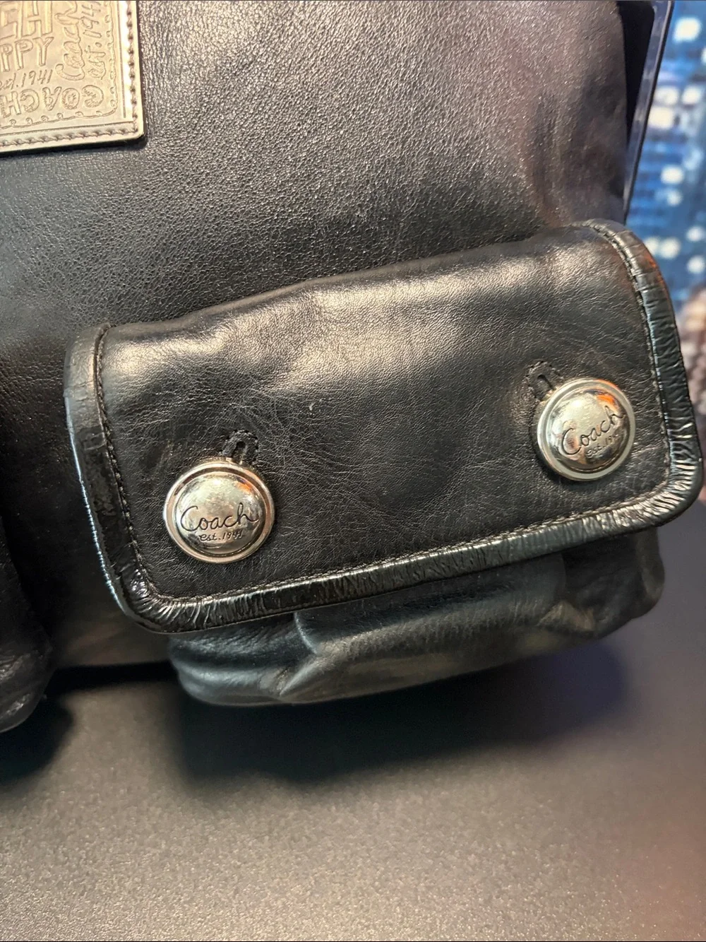 Coach Poppy Black Leather Messenger Bag with Front Pockets